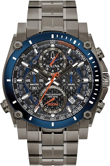 Bulova Men's Precisionist Gray Ion-Plated Stainless Steel 8-Hand Chronograph with Blue and Orange Accents Style: 98B343